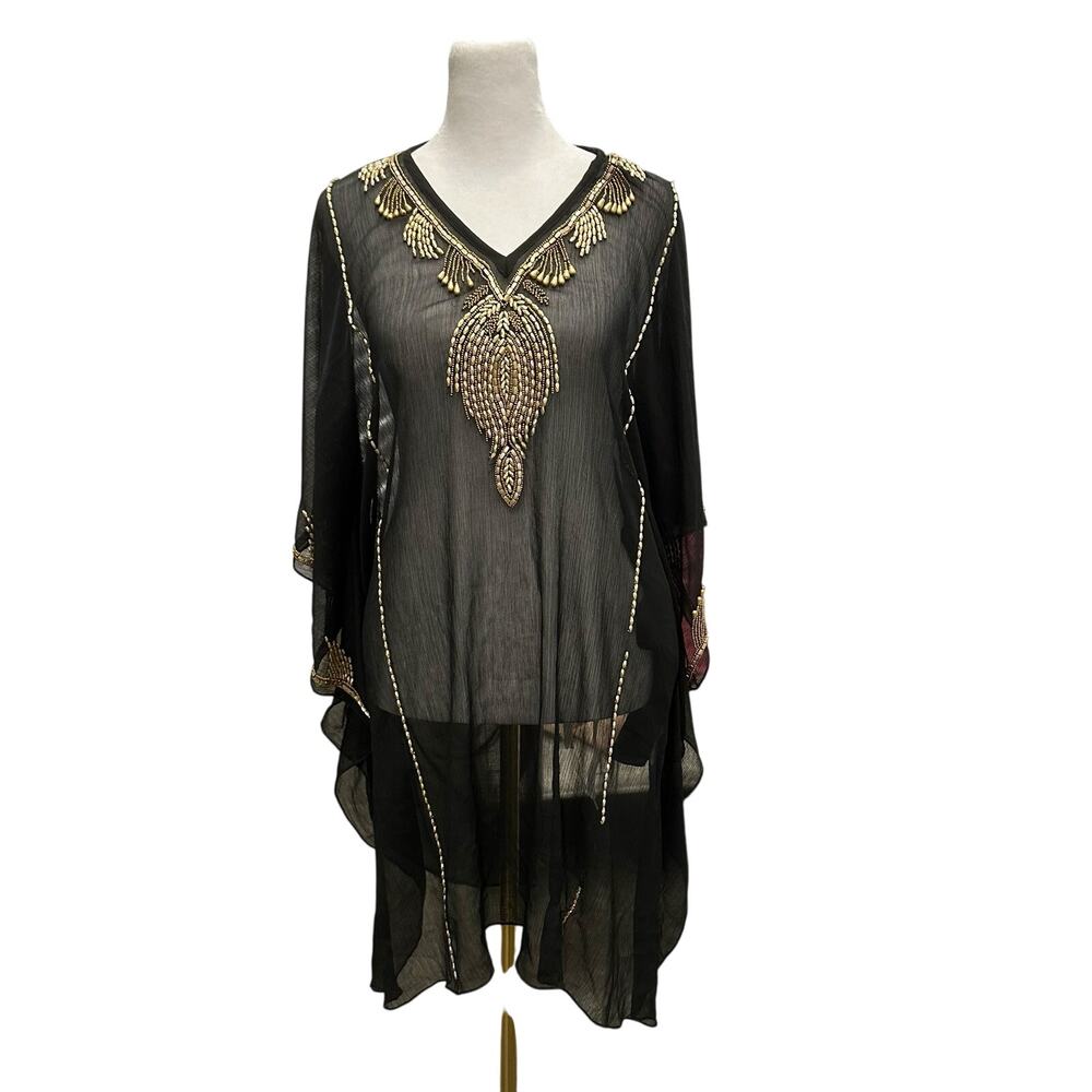 MIRA Sheer Black Good Beaded Kaftan Tunic sz OS